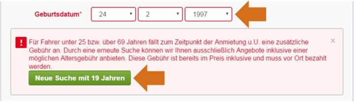 Die Suche für den Mietwagen ab 19 bei Mietwagencheck