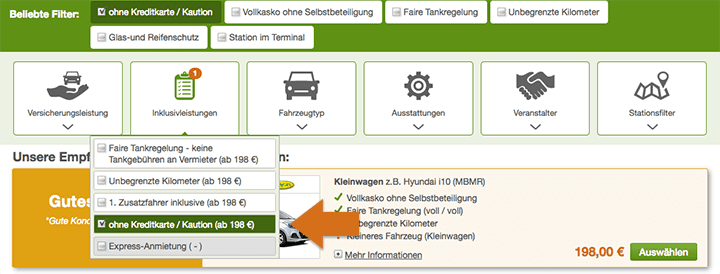 Mietwagen ohne Kaution / Kreditkarte
