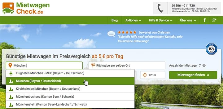 Stadt auswählen und Suche starten
