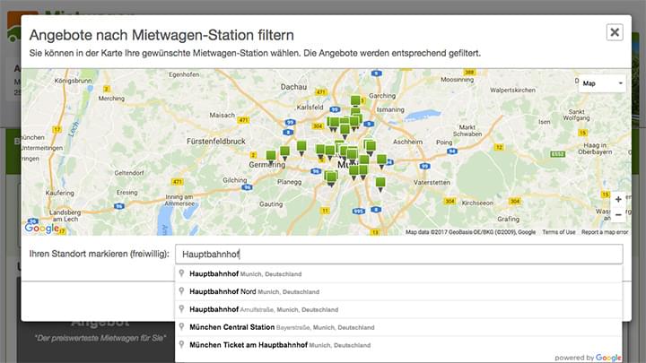 Standort eingeben und aus Drop-Down auswählen