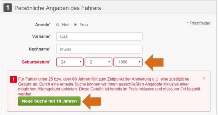 Die Suche für den Mietwagen ab 18 bei Mietwagencheck