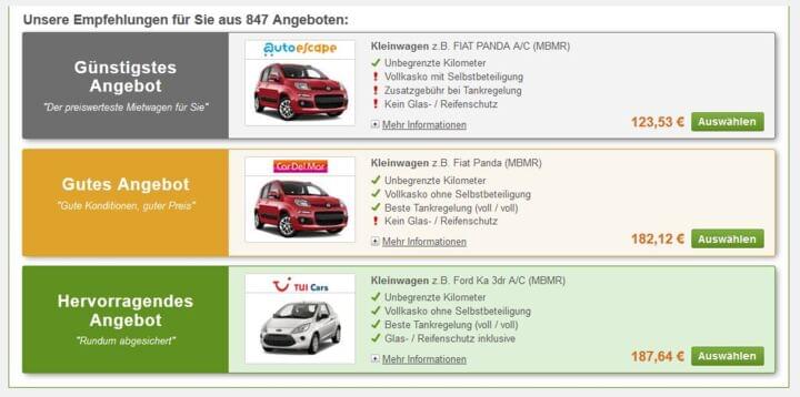 Beispiel für einen Mietwagen für eine Woche am Flughafen Ibiza im Juni 2015